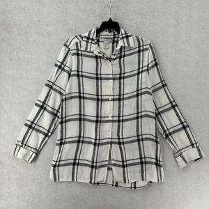 Talbots Collection Blouse Womens 4 Ivory &‎ Black Plaid Button Up 100% Linen Top